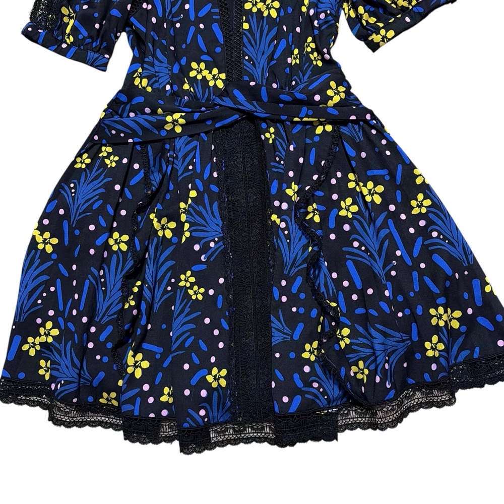 SELF-PORTRAIT NWT Black/Multi Wildflower Print Lace Trim Mini Dress 4 - Picture 6 of 15